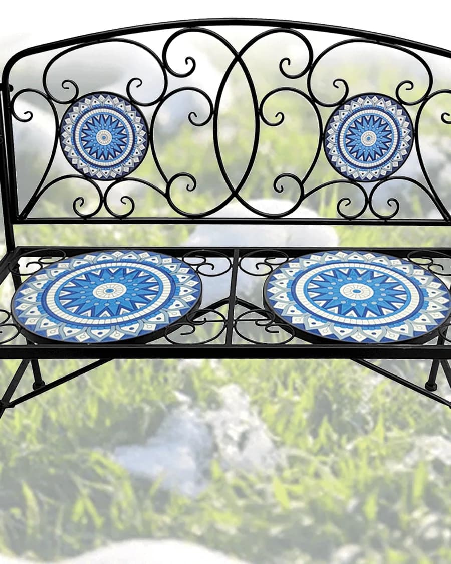 Scrollwork Garden Bench with Blue Mandala Mosaic