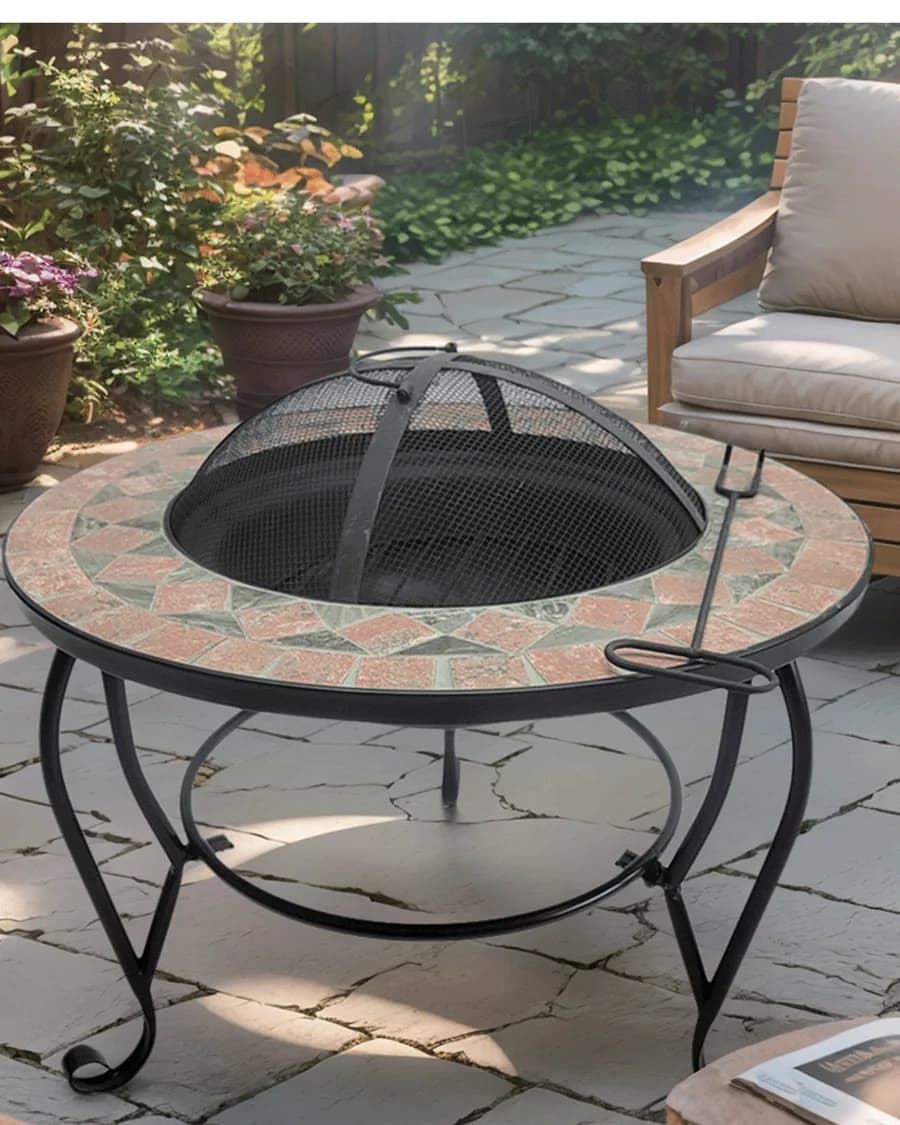 Stone Mosaic Fire Pit Table with Mesh Screen — In the garden